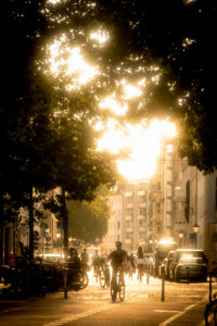 Berlin Mitte golden hour moment with people passing by
